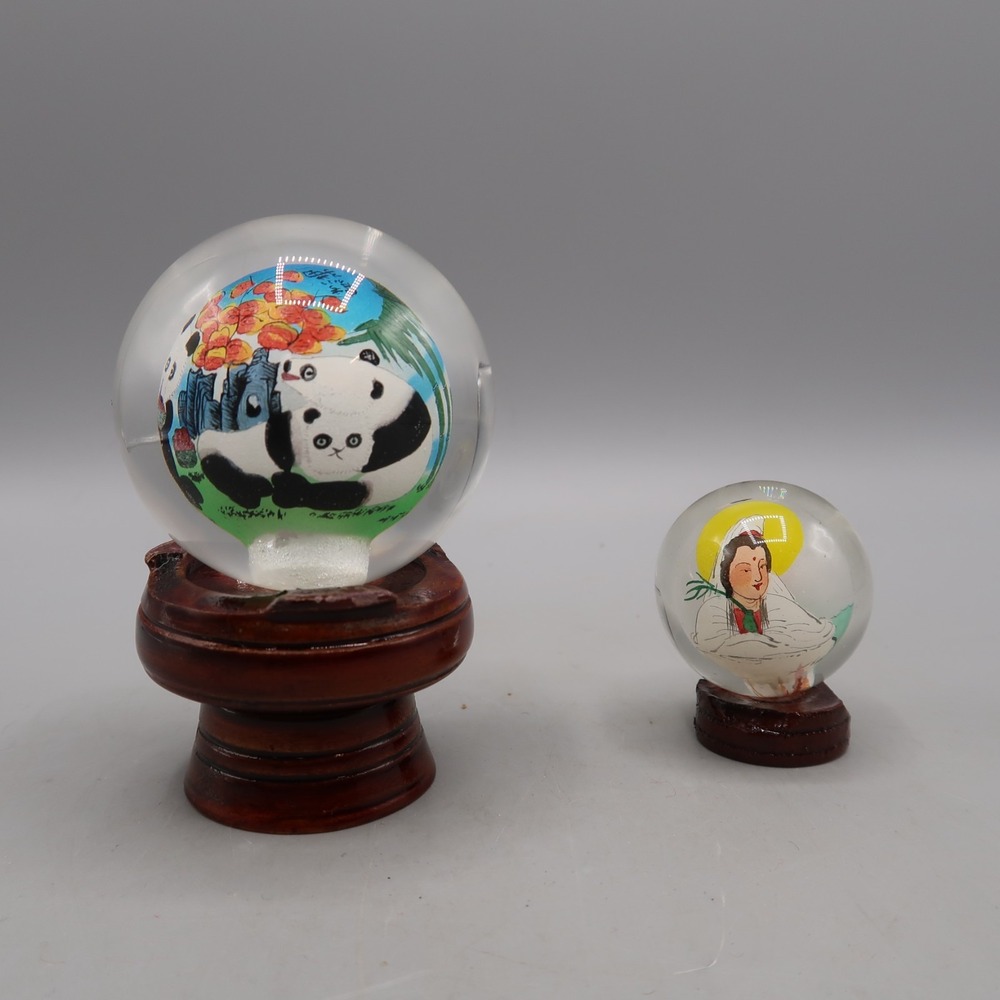 2 Chinese Reverse Hand Painted Panda Glass Globe Ball Paperweight W/ Stand lot